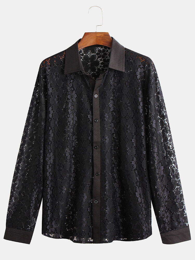 Men Lace Solid Color Long Sleeves Lapel Shirts - M Black