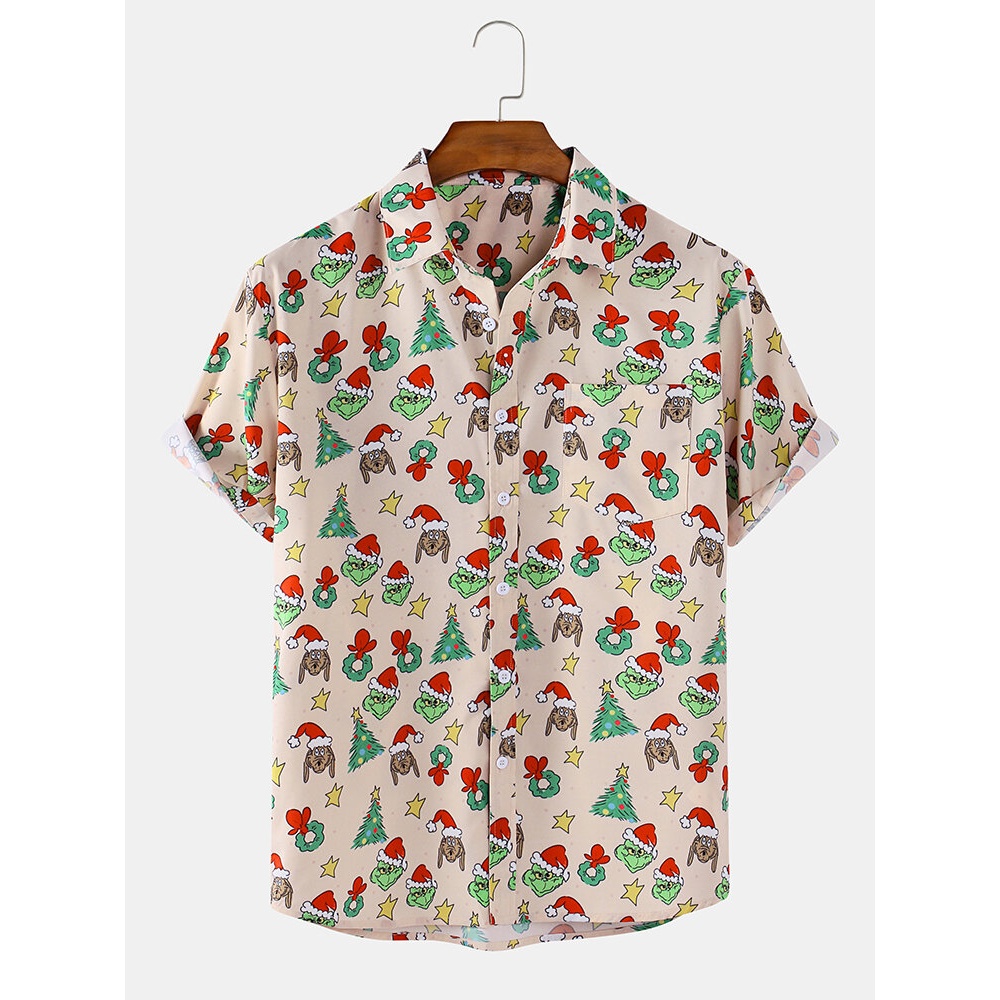 Mens  Cartoon Print Turn Down Collar Short Sleeve Shirts - Pink S