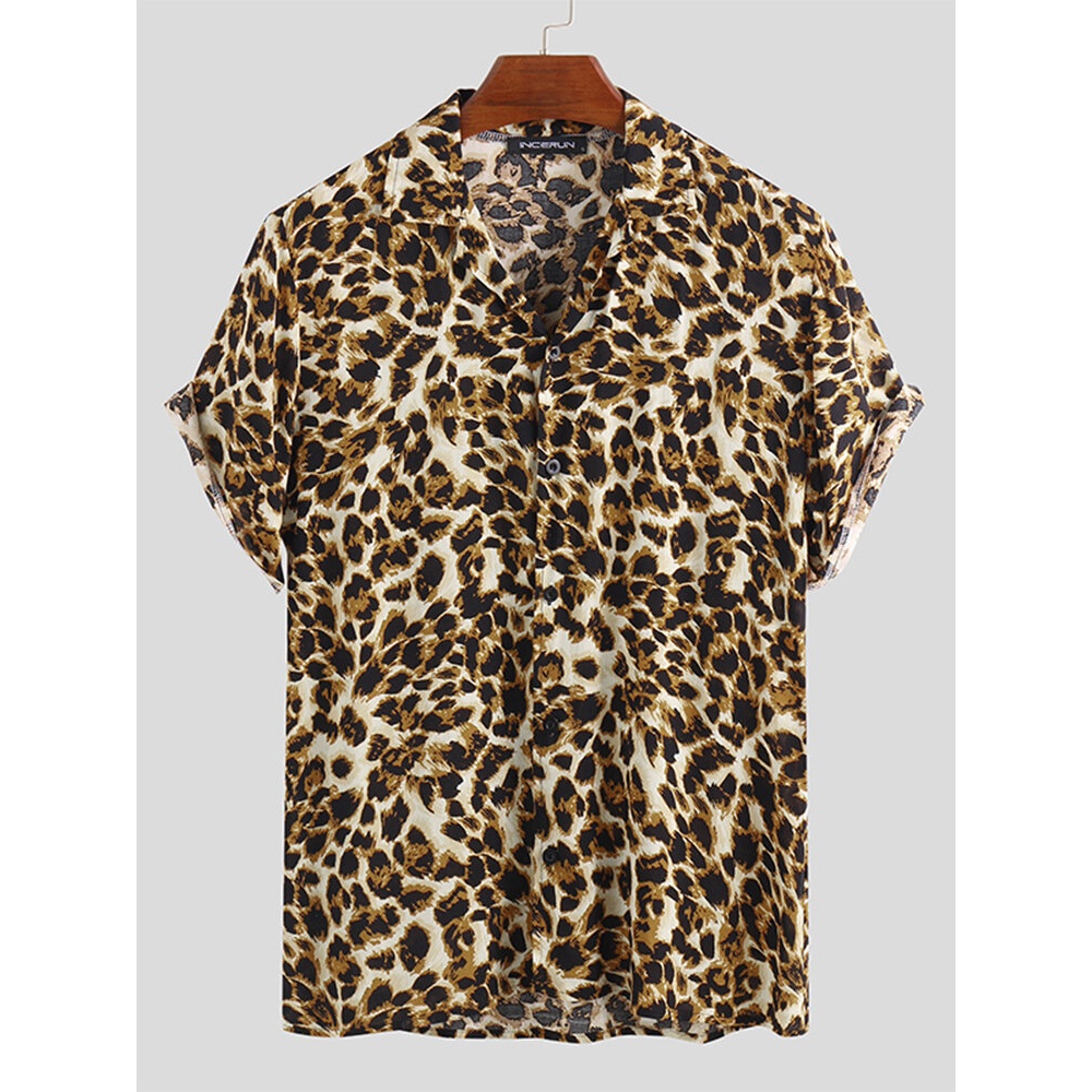 Mens Summer Loose Fashion Handsome Leopard Printing Shirts - S Yellow