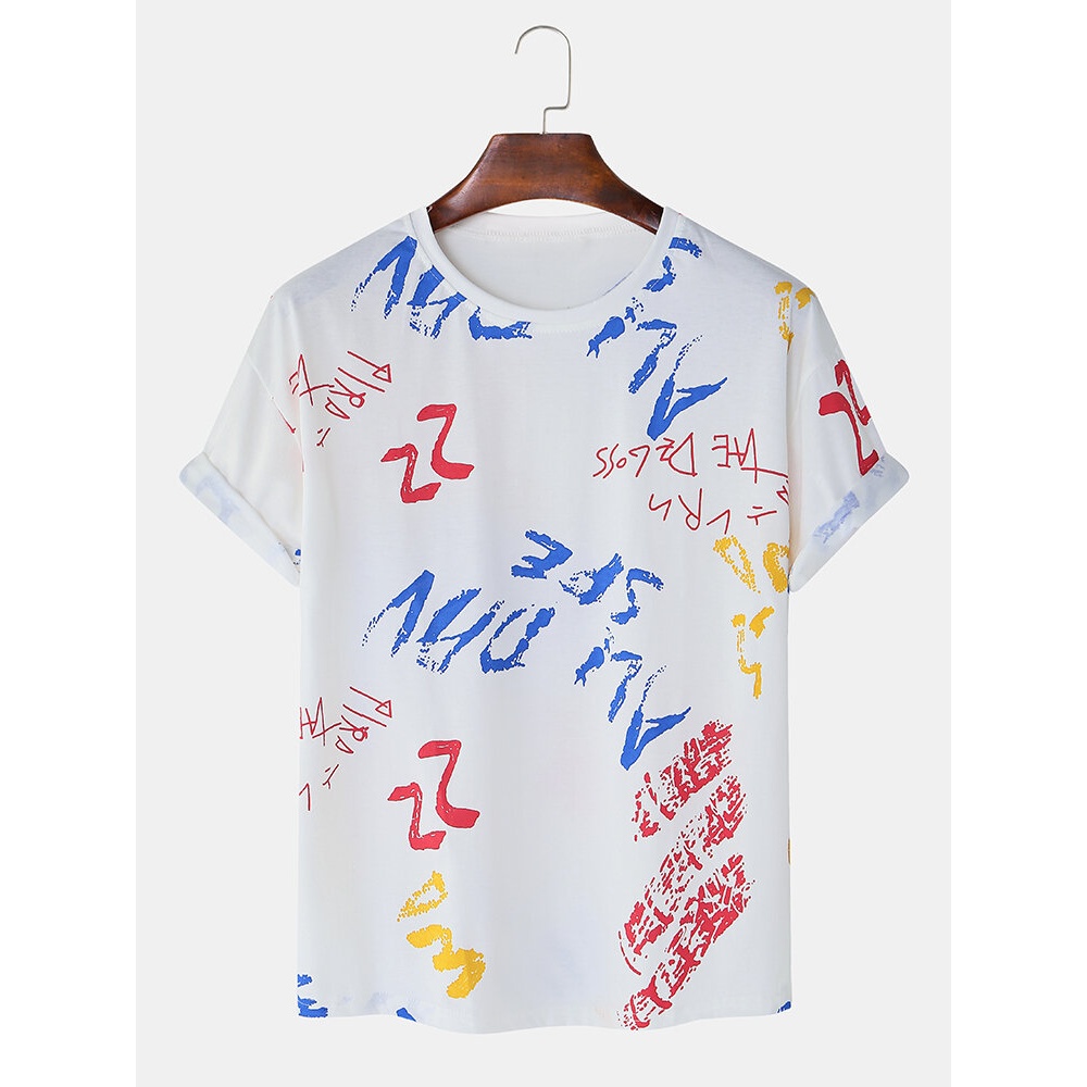 Mens Script Print Crew Neck Short Sleeve Casual T-Shirts - White S