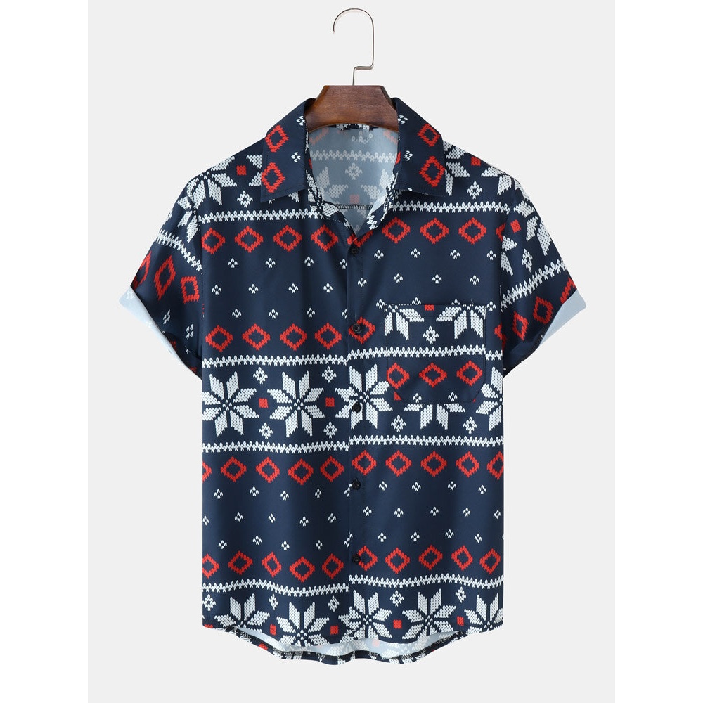 Men Snow Geometric Chest Pocket Casual Short Shirts - Black M