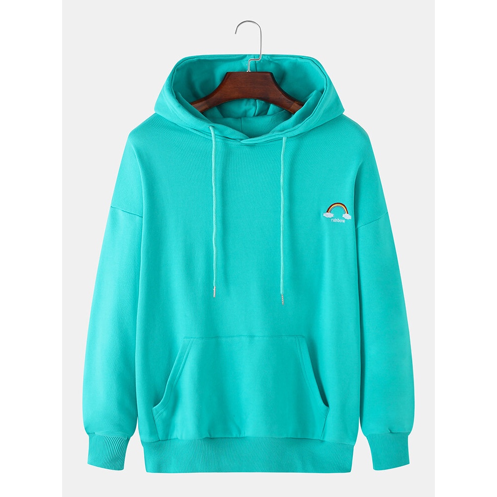 Mens Rainbow Embroidery Drop Shoulder Hoodies With Kangaroo Pocket - 2XL Light Blue