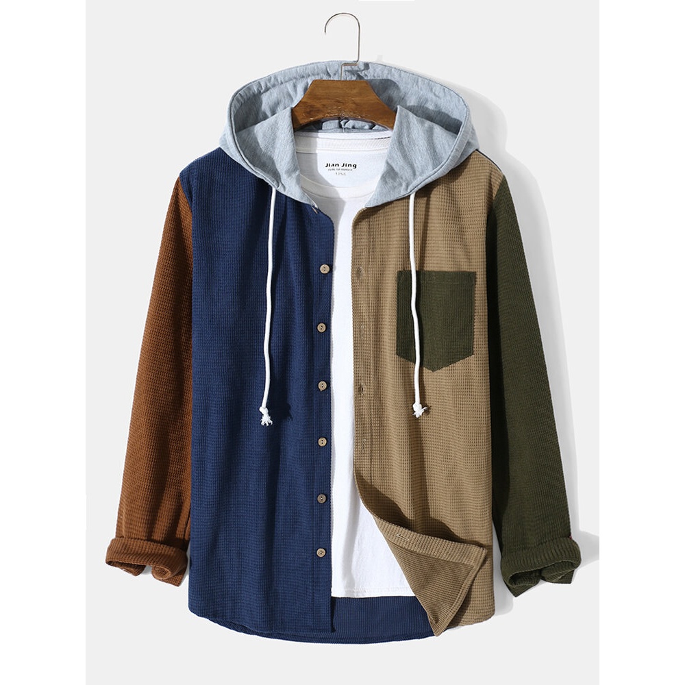 Men Corduroy Patchwork Chest Pocket Long Sleeve Comfy Casual Hooded Shirts - Khaki 2XL