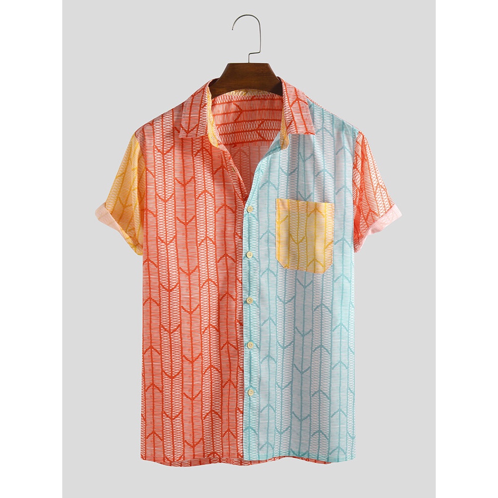 Men Lane Print Short Sleeve Colored Shirts - 2XL Orange