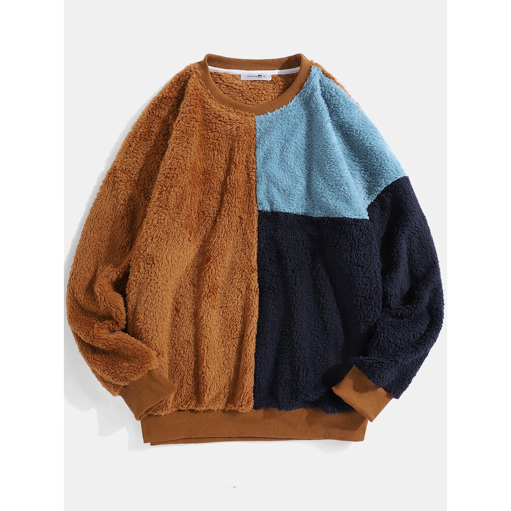 Mens Color Block Patchwork Fluffy Plush Loose Pullover Teddy Sweatshirts - Khaki S