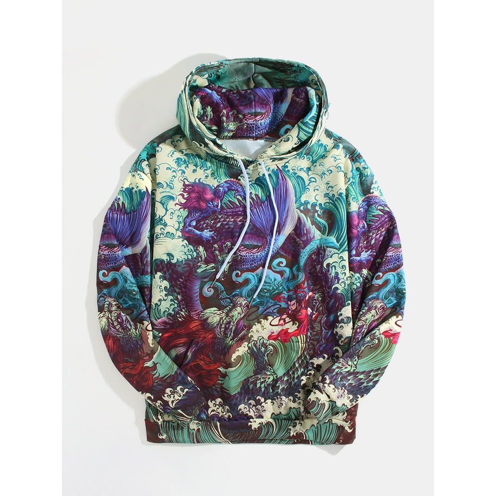 Mens Comics Element Print Ethnic Style Hoodies With Kangaroo Pocket - Multicolor M