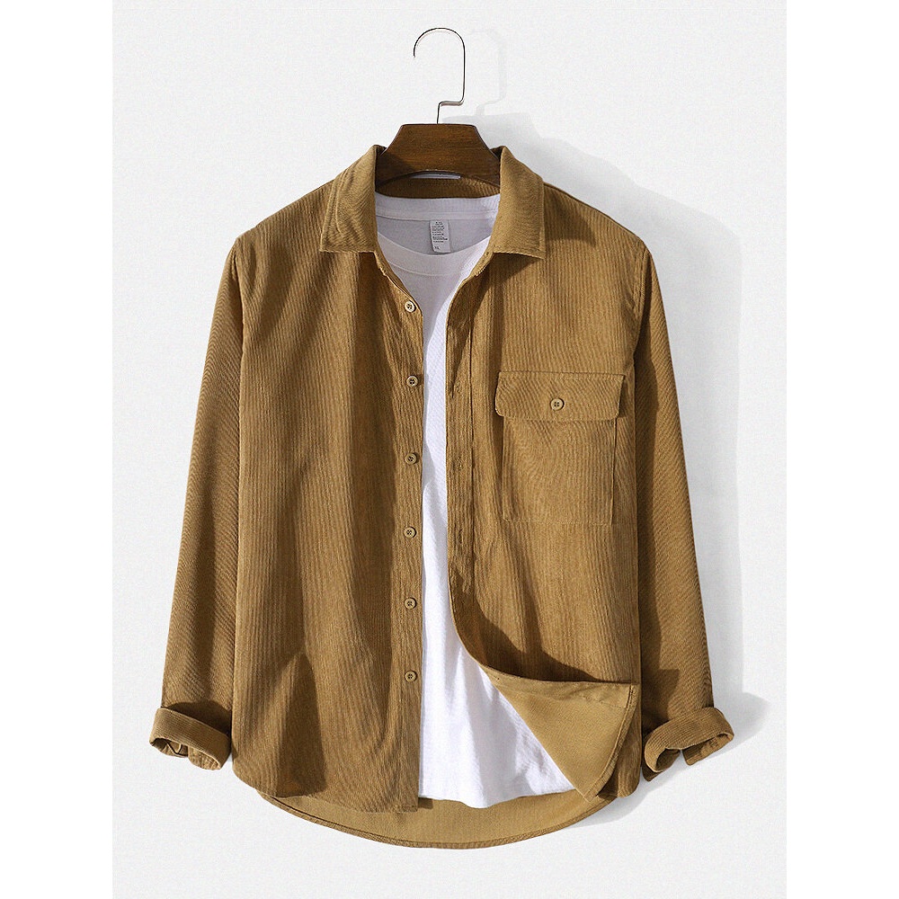 Mens Solid Color Lapel Long Sleeve Casual Texture Shirts With Pocket - Yellow S