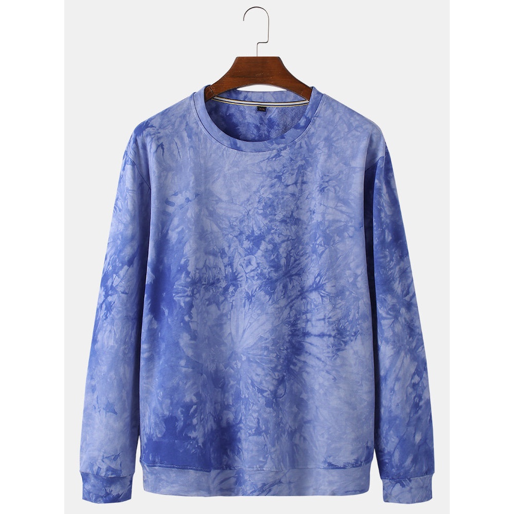 Cotton Men Tie Dye Round Neck Pullover Long Sleeve Sweatshirts - Blue M