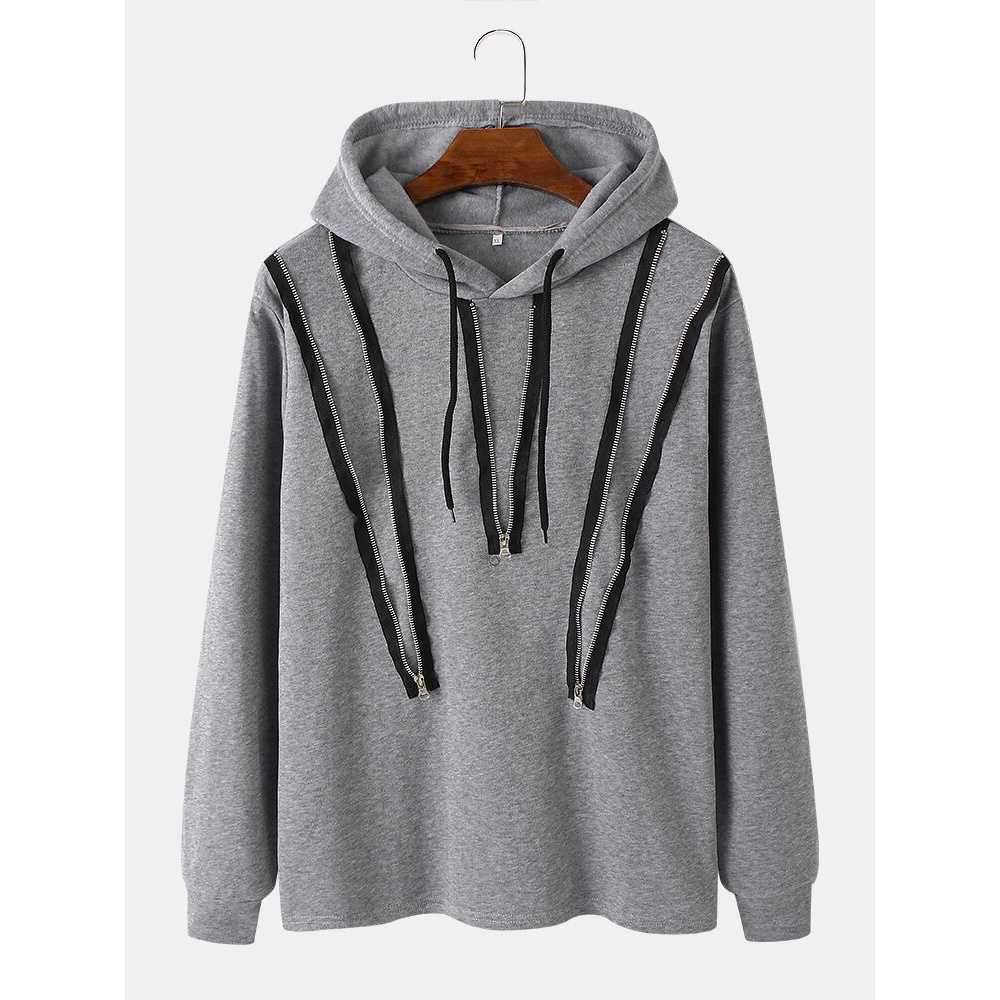 Mens Scratches Zipper Detail Street Style Casual Drawstring Hoodie - Red L