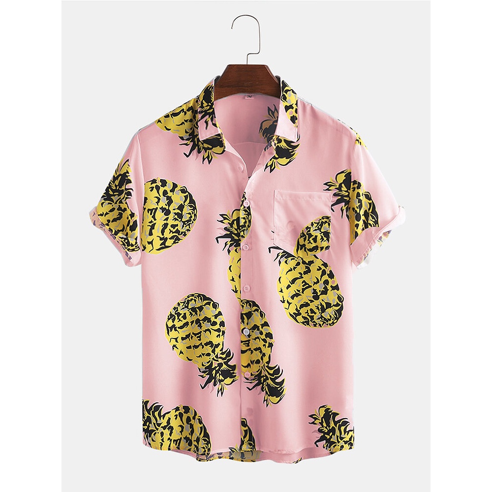 Cartoon Pineapple Print Short Sleeve Casual Holiday Shirts - Yellow M