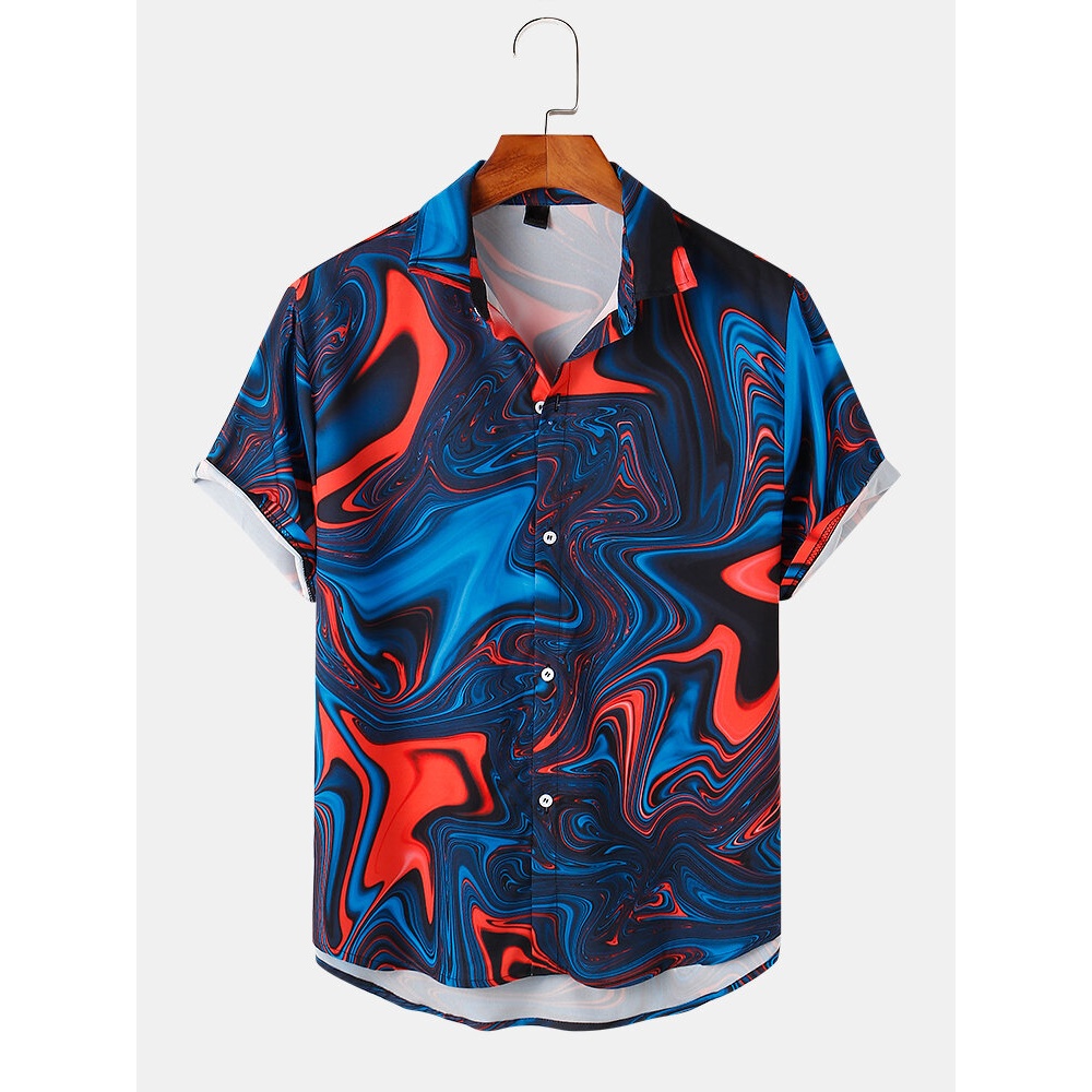 Mens Color Contrast Wave Lapel Short Sleeve Shirt - Red S