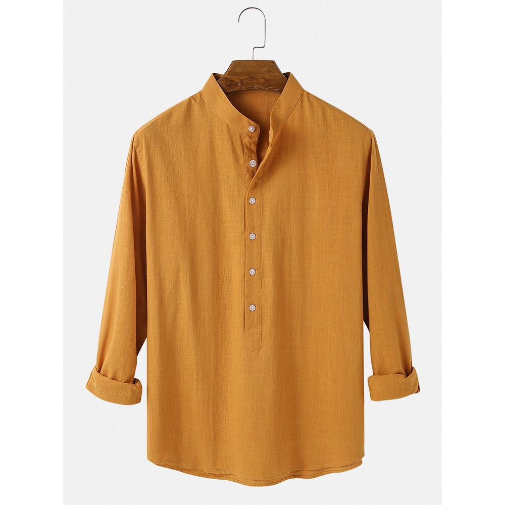 Mens Cotton Stand Collar Half Collar Solid Color Long Sleeve Casual Shirts - White S