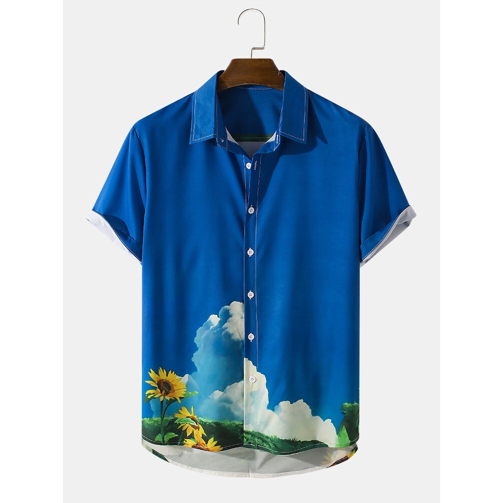 Mens Sunflower & Grassland Rural Print Lapel Short Sleeve Shirts - Blue M