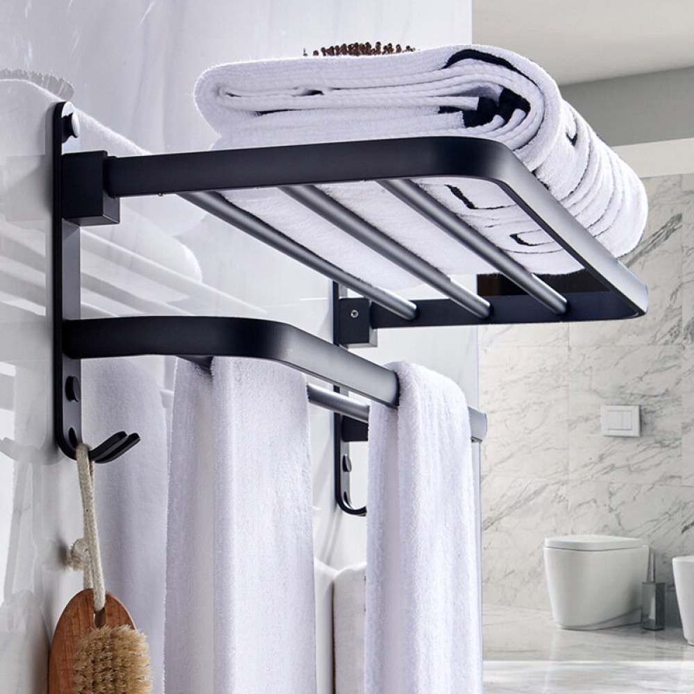 Space Aluminum Black Wall-mounted Towel Rack Rust-resistant Stable Towel Holder Easy to Install Bathroom Shelf - 50cm - Image 2