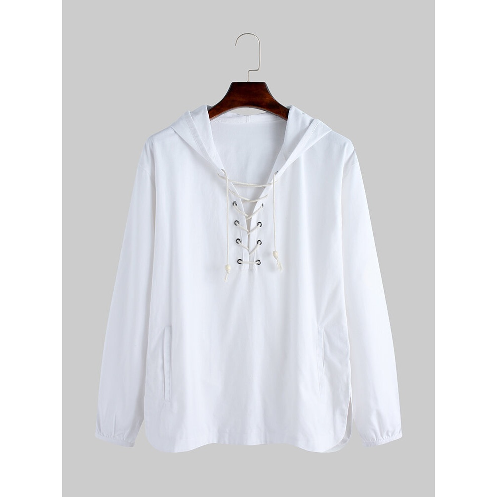 Mens Hooded Autumn Pure Color Long Sleeve Casual Sweatshirt - M Beige