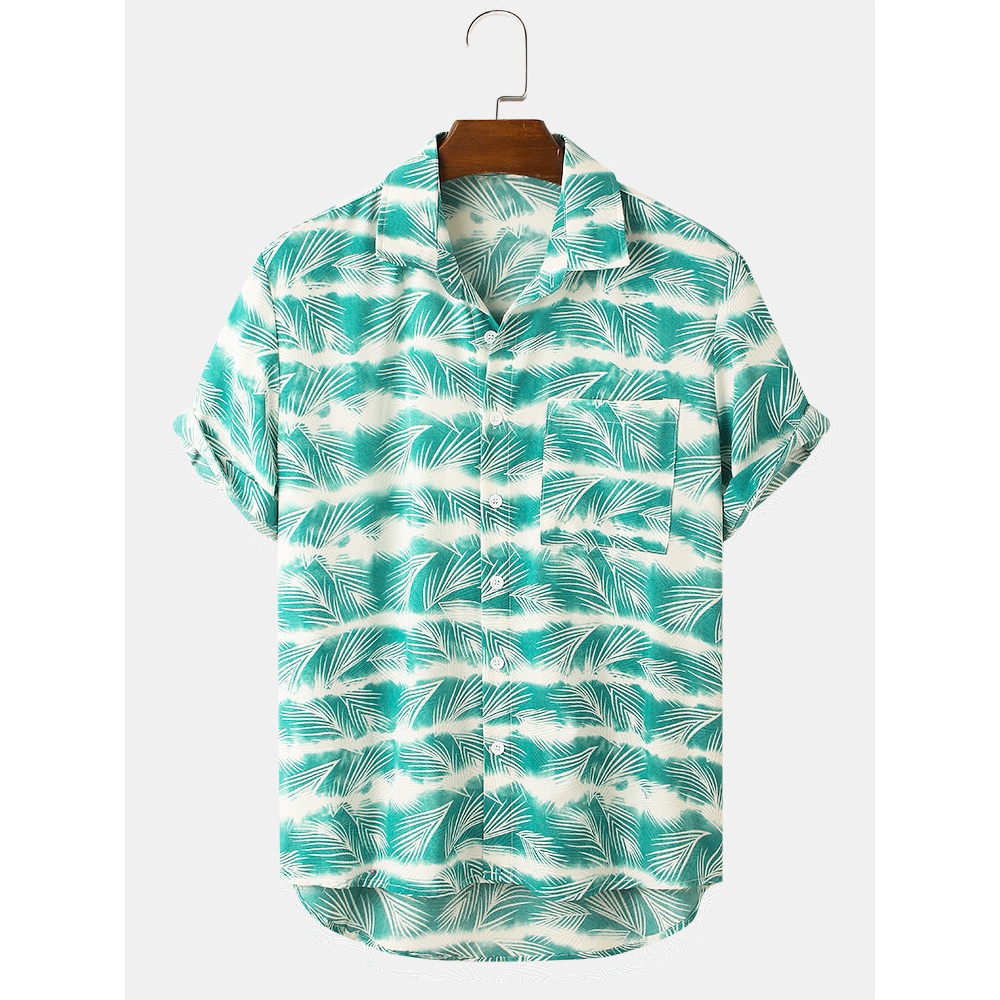 Mens Reed Print Stripe Pocket Lapel Short Sleeve Shirt - Sky Blue S