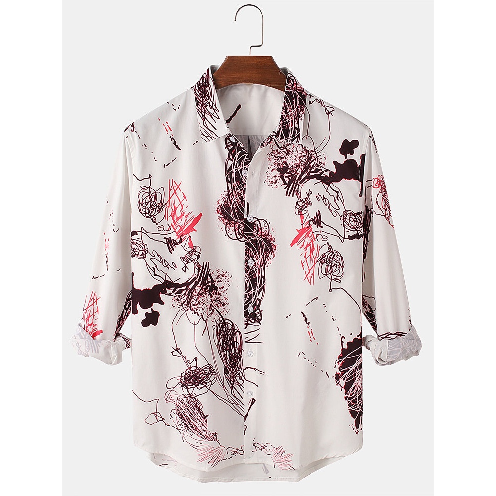 Mens Tie-Dye Printed Button Curve Bottom Lapel Casual Long Sleeve Shirts - Black S