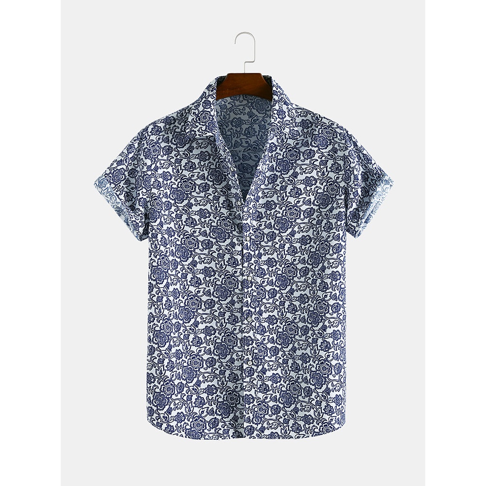 Men Blue and White Pottery Print Short Sleeve Relaxed Shirts - 3XL Blue