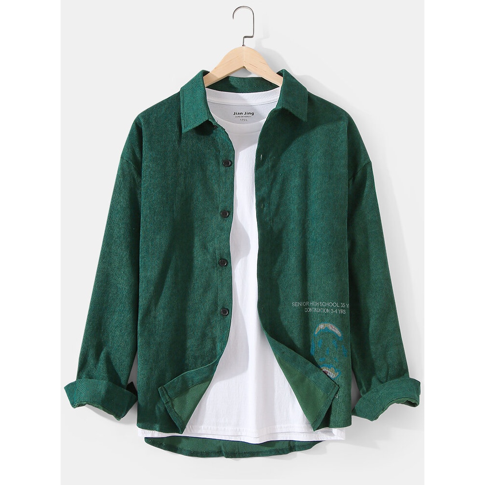 Mens Corduroy Graphic & Letter Print Button Up Long Sleeve Shirts - Red M