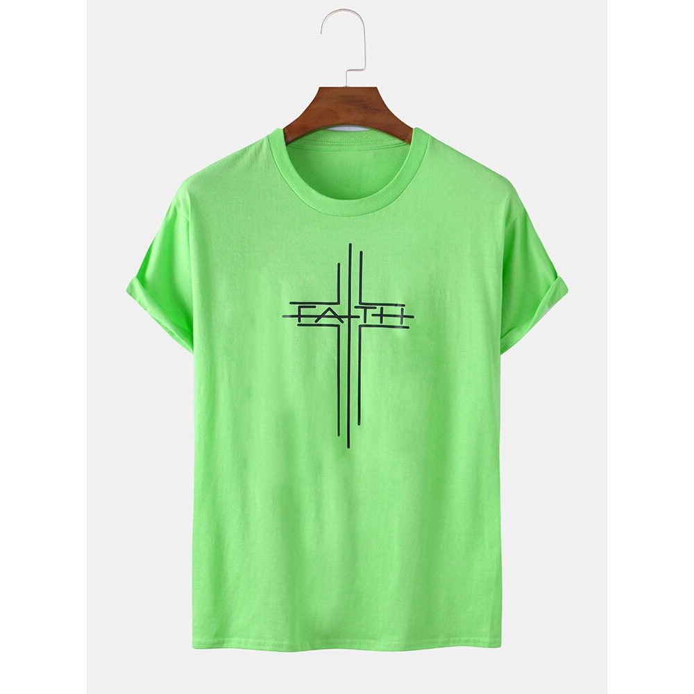 Cross & Text Print Short Sleeve Round Neck Loose T-Shirts - Black S