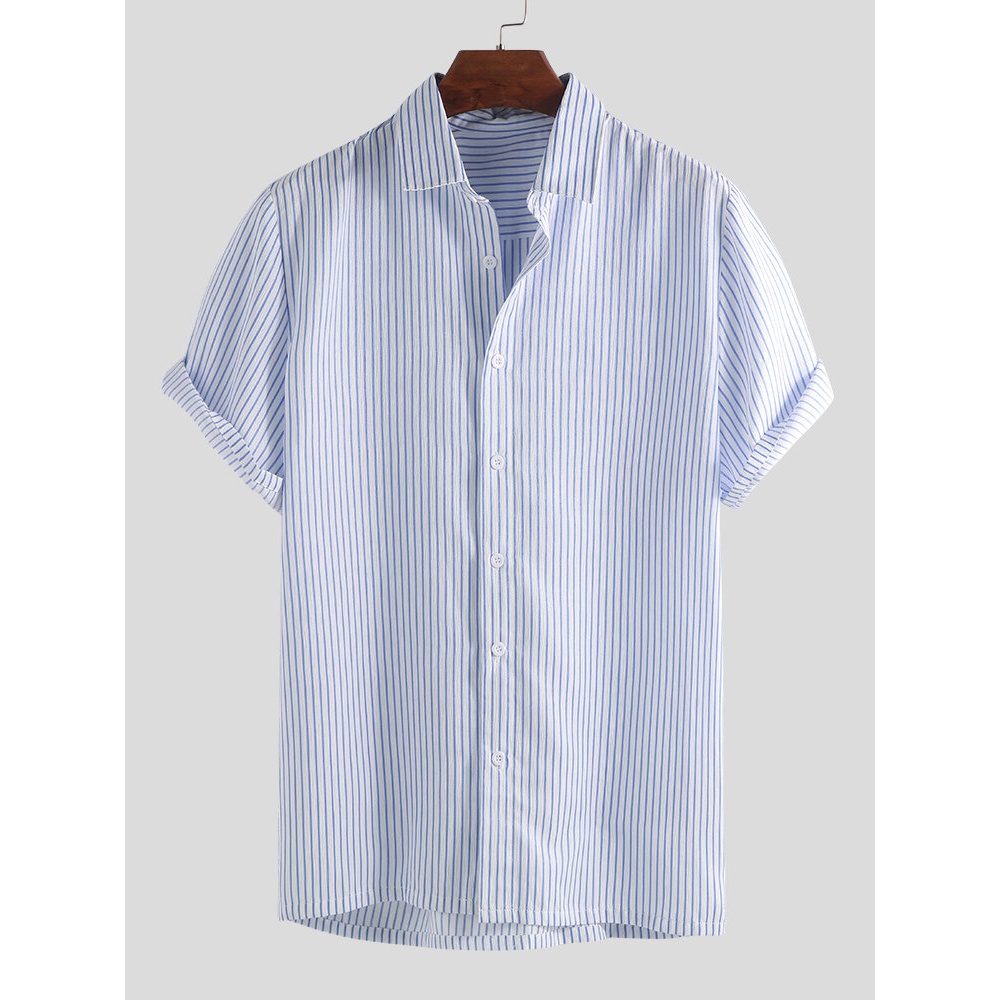 Men Stripe Short Sleeve Turn Down Collar Shirts - XL Blue