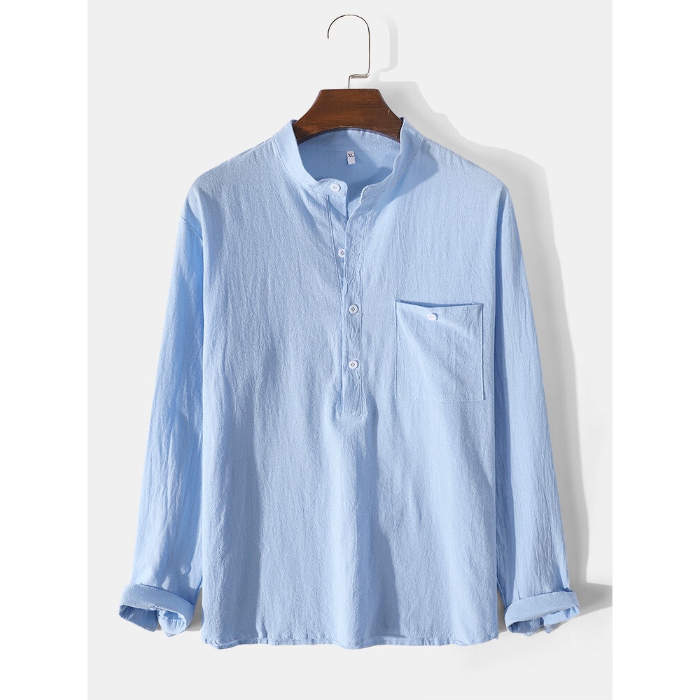 Mens Solid Color Stand Collar Cotton Long Sleeve Henley Shirts With Pocket - White L