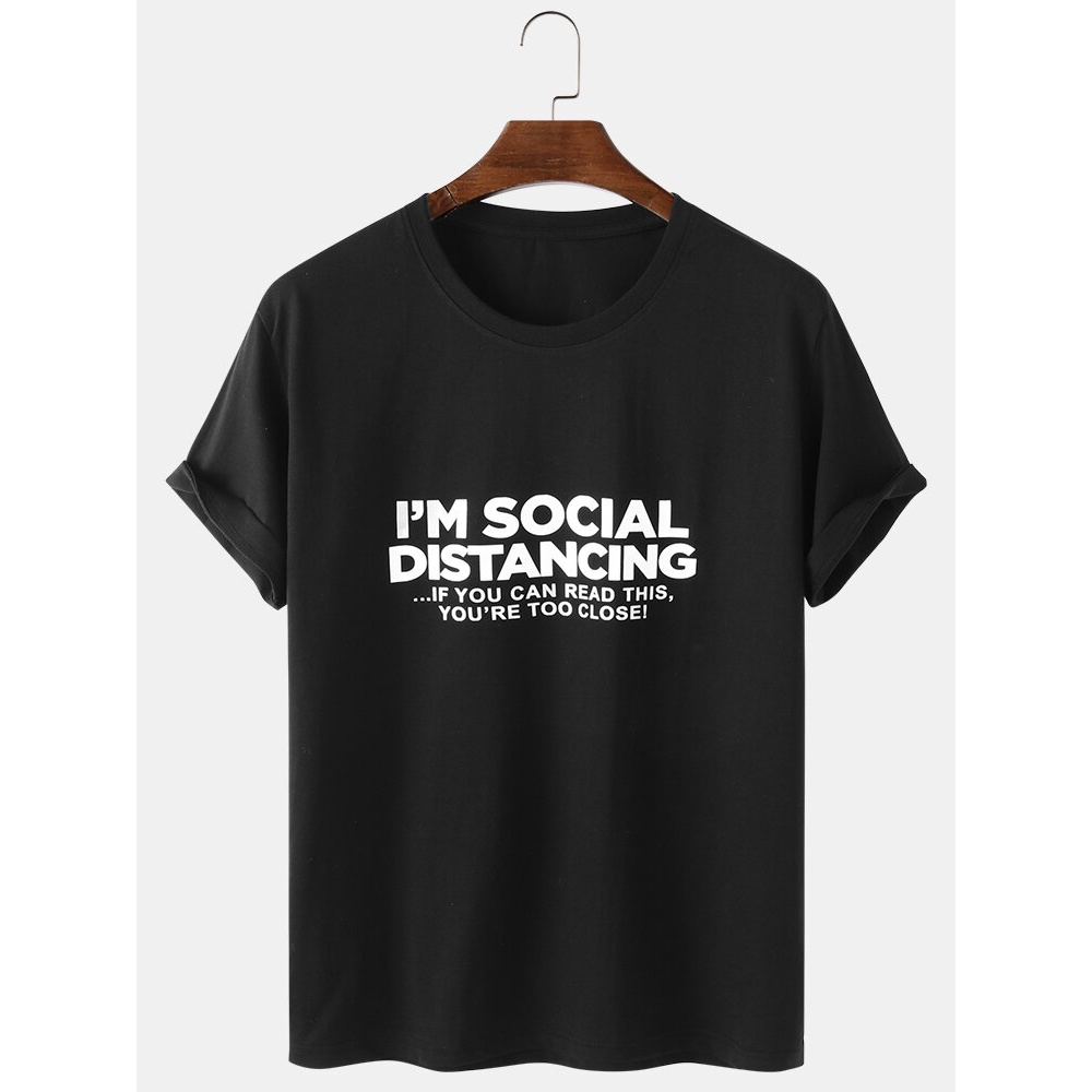 Mens Letter Print Round Neck Short Sleeve Cotton T-Shirts - Black M