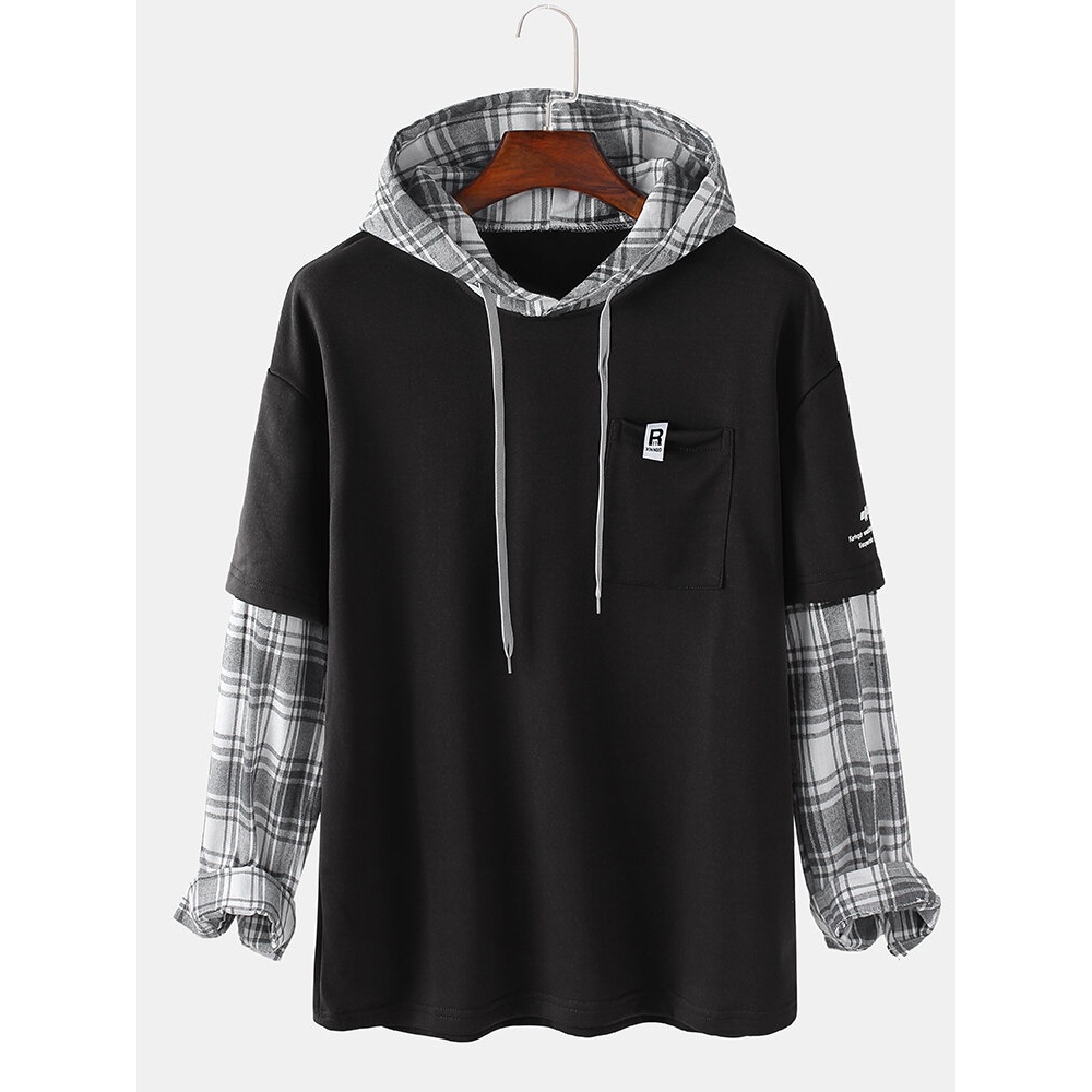 Mens Patchwork Plaid Contrast Faux Twinset Casual Drawstring Hoodies With Pocket - Black M