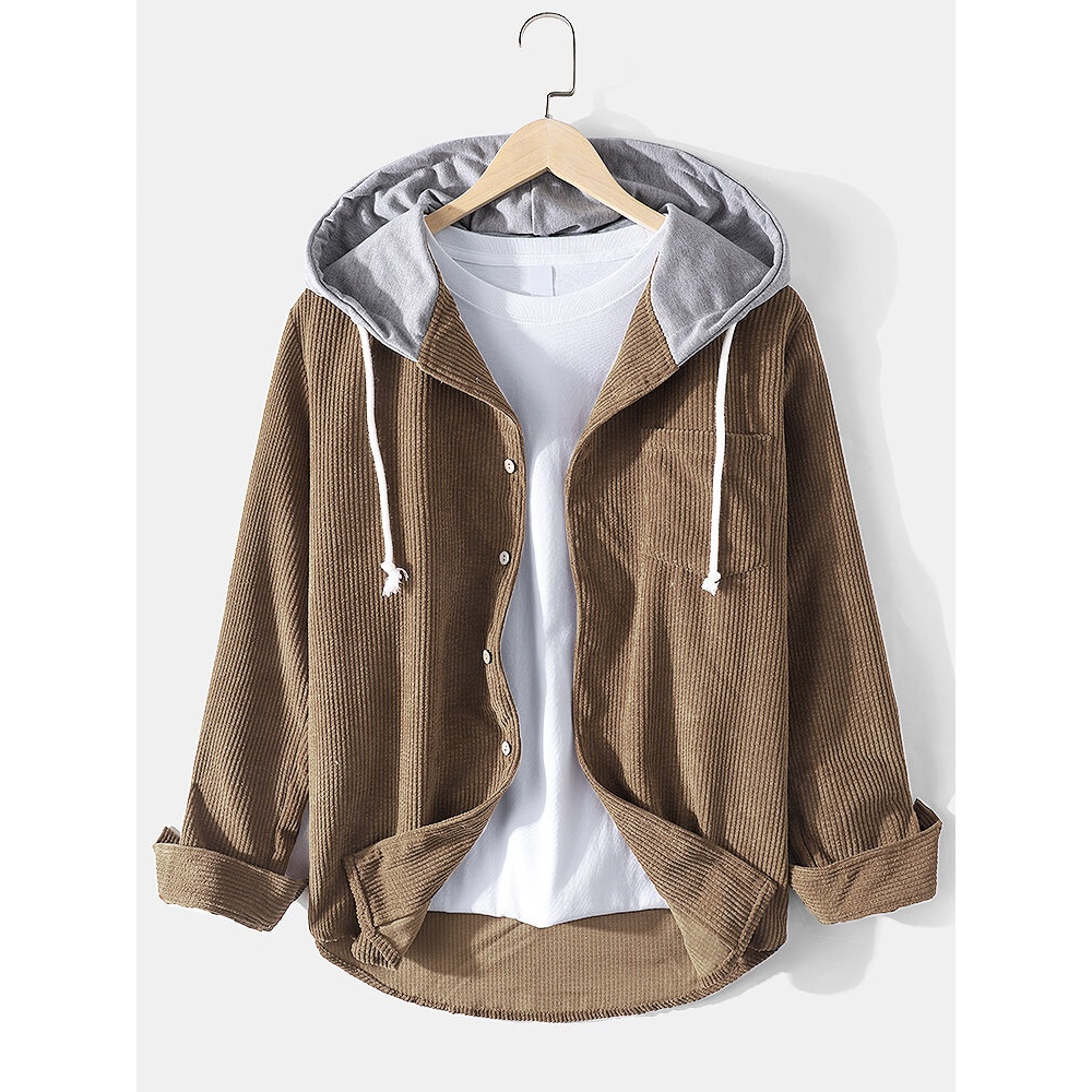 Mens Corduroy Button Up Long Sleeve Drawstring Hooded Shirts With Pocket - Khaki XL