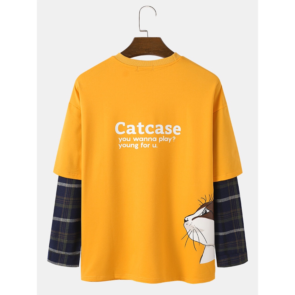 Mens Slogan Print Faux Twinset Plaid Patchwork Long Sleeve T-Shirt - Black XL