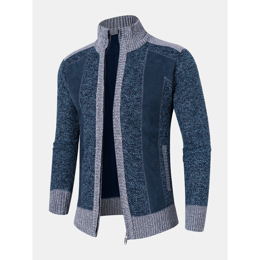 Men Stitching Knit Zipper Stand Collar Casual Cardigans - Grey S