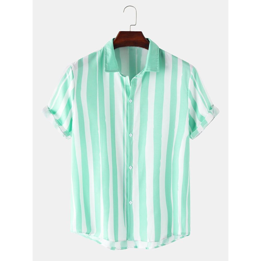 Mens Colorful Striped Designed Short Sleeve Breathable Casual Shirts - Green M
