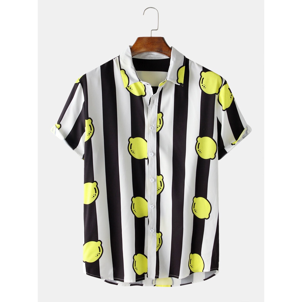 Mens Striped Lemon Print Turn Down Collar Short Sleeve Shirts - White M