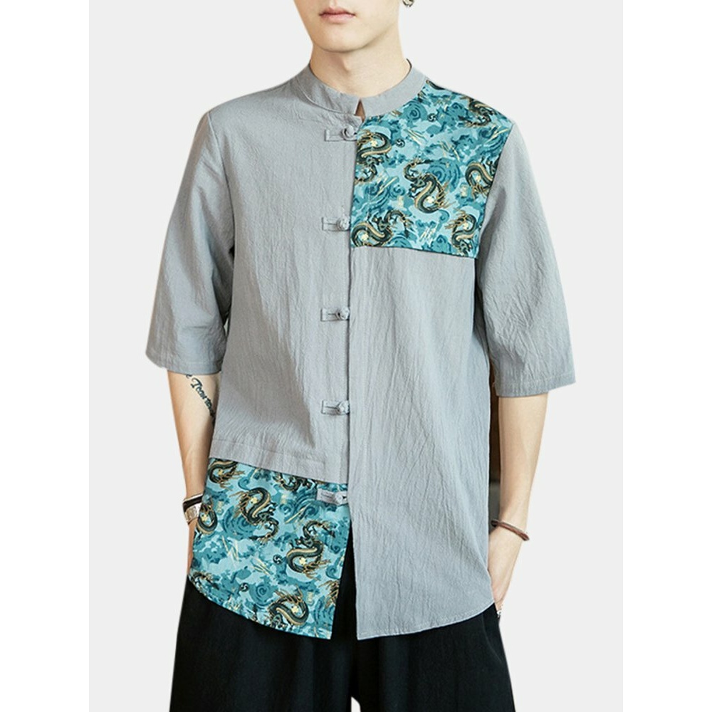 Mens National Style Linen Printed Short Sleeve Casual Shirts - S Black