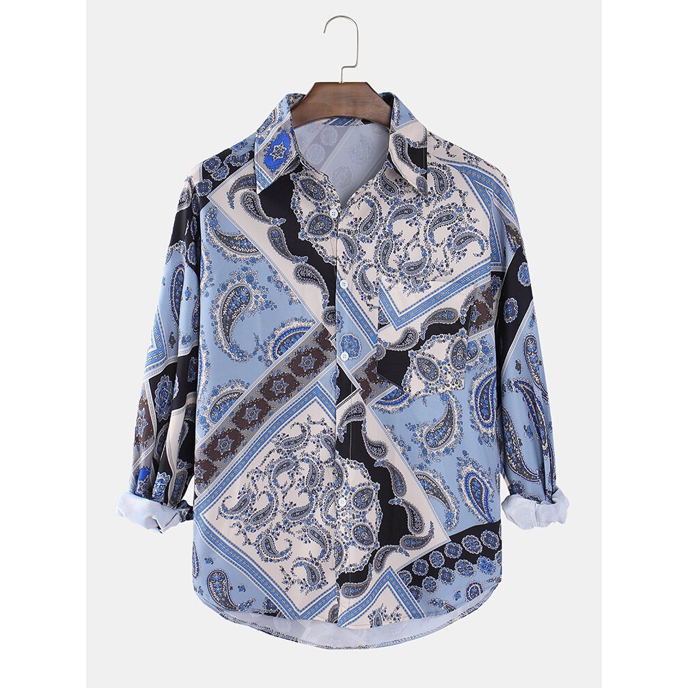 Ethnic Style Paisley Print Mens Lapel Long Sleeve Vintage Shirts With Pocket - Blue L