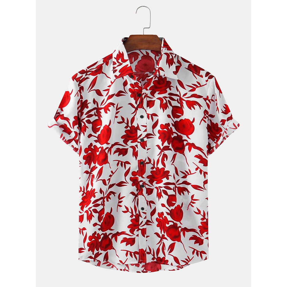 Mens Floral Printed Breathable Casual Short Sleeve Shirts - White M