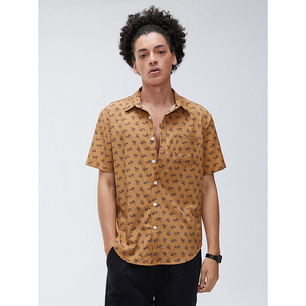 Mens Funny Camel Printing Breathable Turn Down Collar Casual Shirts - Yellow XL