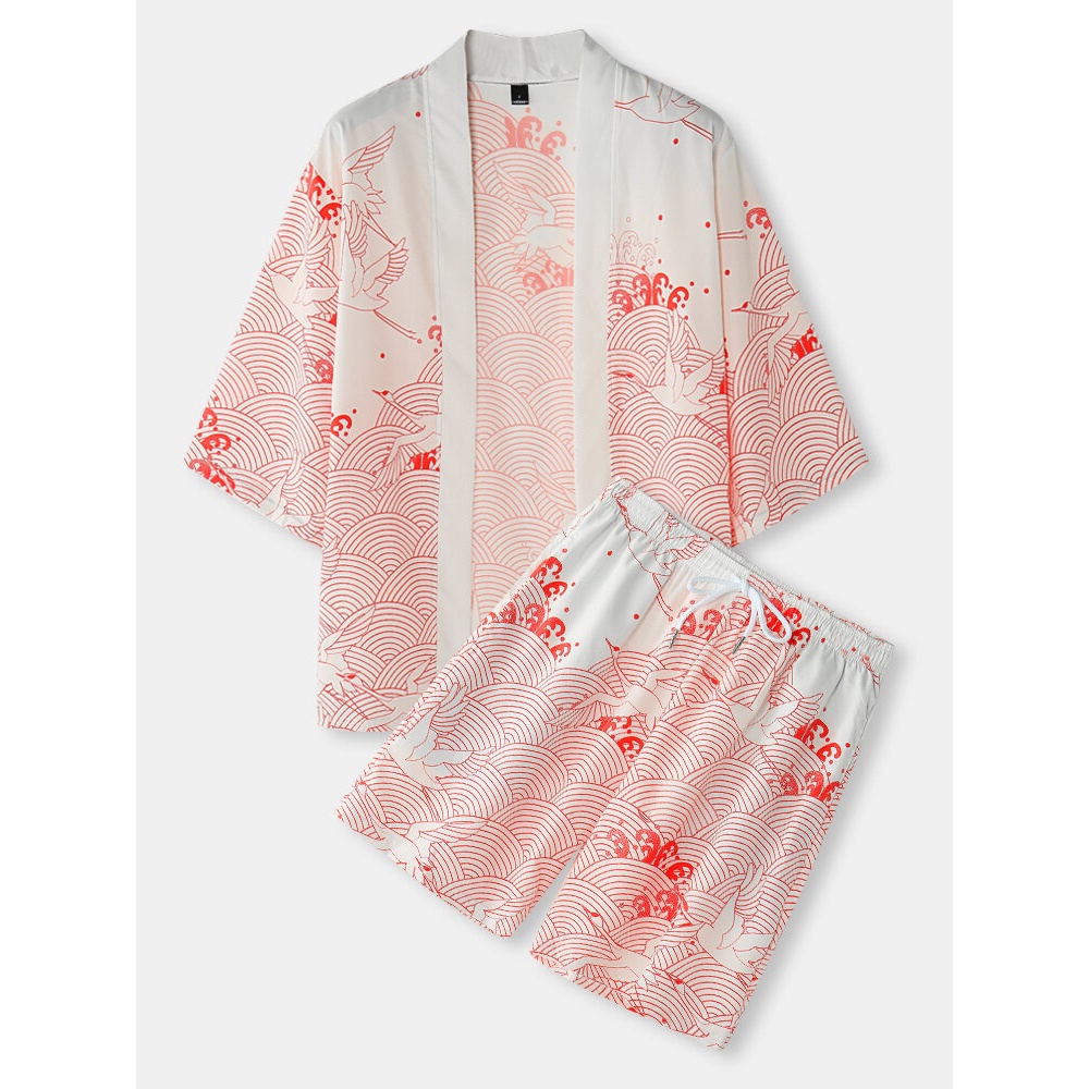 Mens Kimono Crane Propitious Clouds Pattern & Drawstring Two Pieces Outfits - Pink S