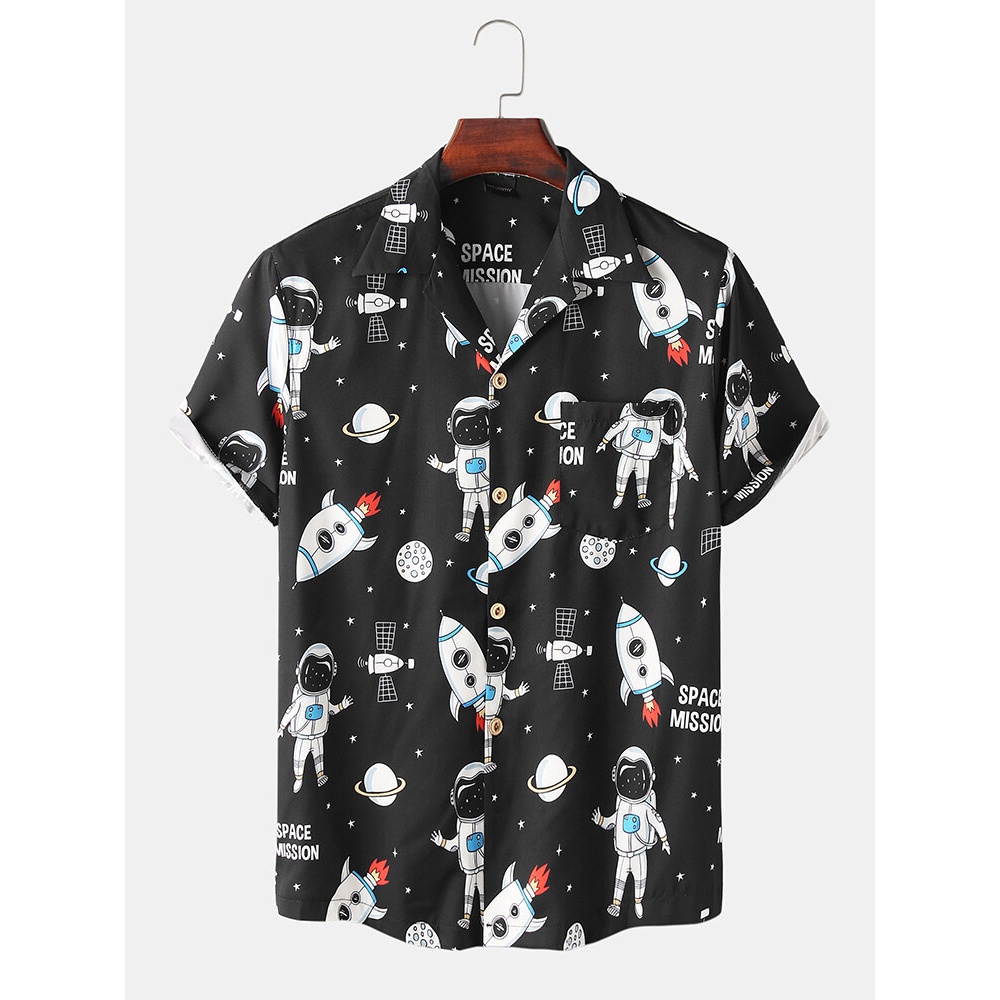 Mens Astronaut Cartoon Spaceship Print Short Sleeve Casual Shirts - Black M