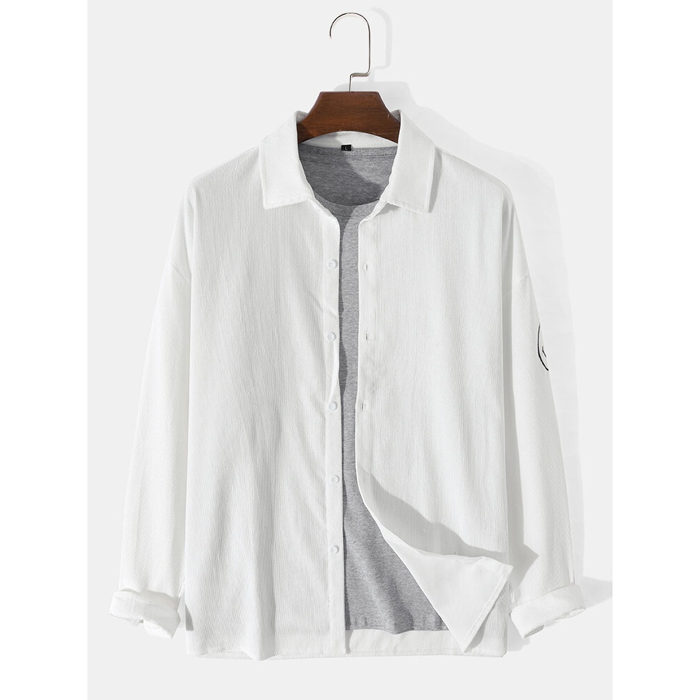 Mens Corduroy Smile Printed Solid Full Sleeve Shirt - Khaki L