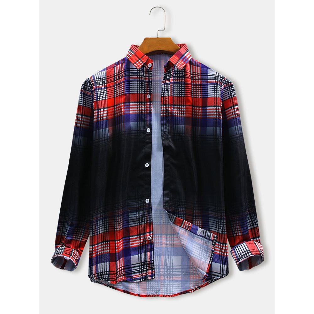 Design Plaid Print Black Gradient Mens Long Sleeve Casual Shirts - Red S