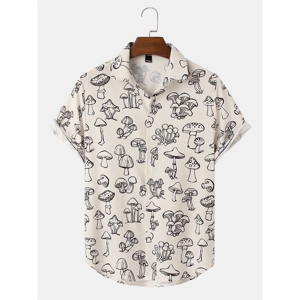 Mens Cartoon Mushroom Print Lapel Short Sleeve Shirt - Coffee S