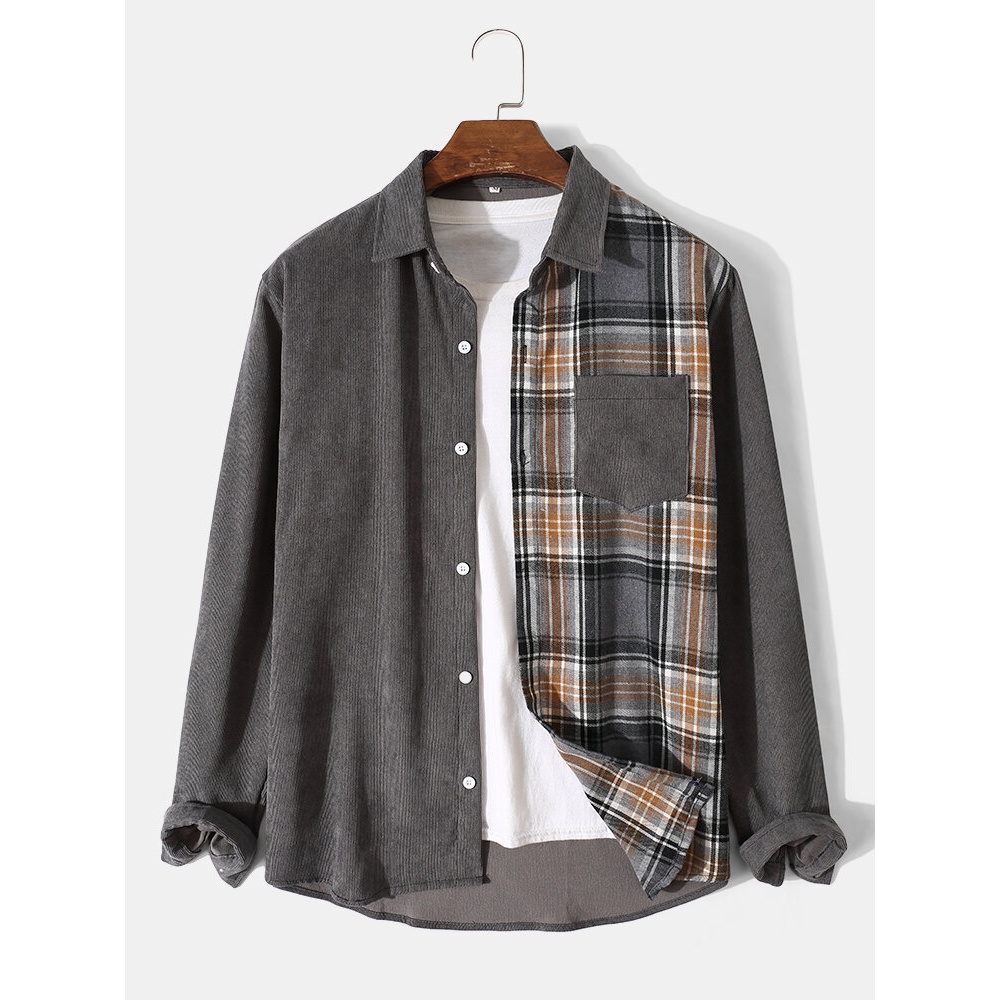 Men Corduroy Plaid Patchwork Color Block Lapel Casual Shirts - Grey XL