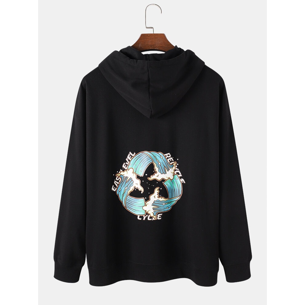 Mens Wave Print Kangaroo Pocket Long Sleeve Ethnic Style Drawstring Hoodies - White 2XL