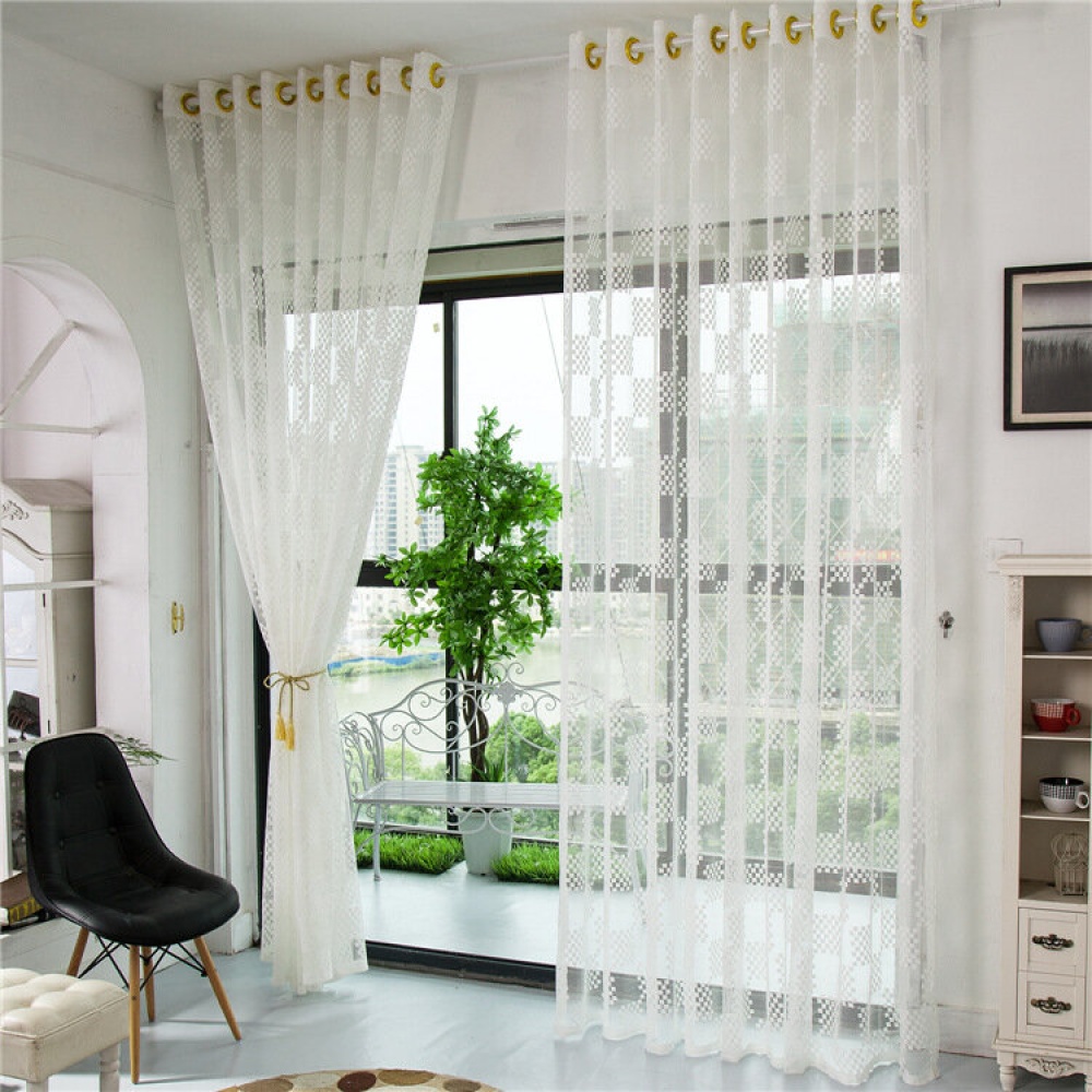 2 Panel Grid Pattern Tulle Sheer Curtains Bedroom Living Room Hollow Out Window Screening - W40 x L84Inch Beige - Image 2