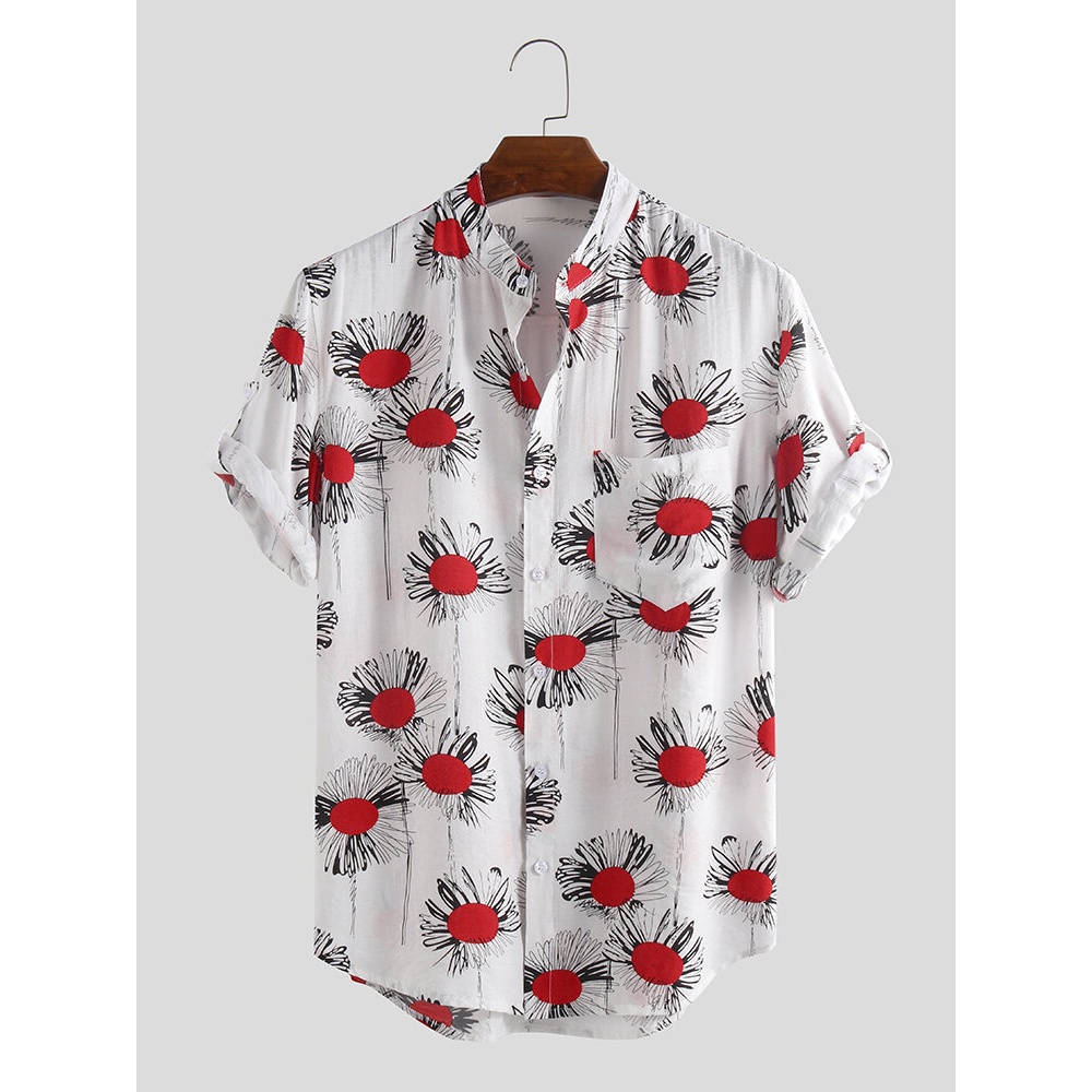 Cotton Daisy Print Chest Pocket Short Sleeve Casual Holiday Shirts - M Red