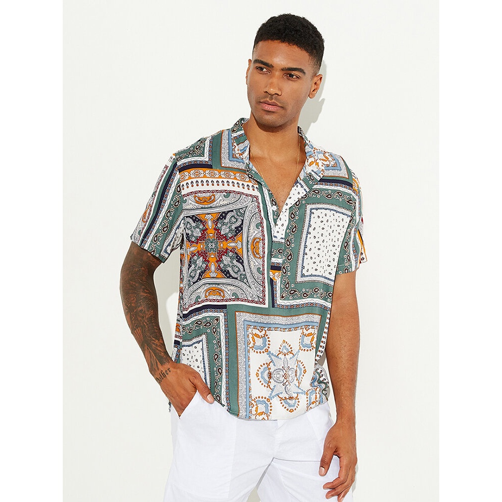 Mens Ethnic Style Color Block Printed Pattern Loose Comfy Casual Henley Shirts - Green XL