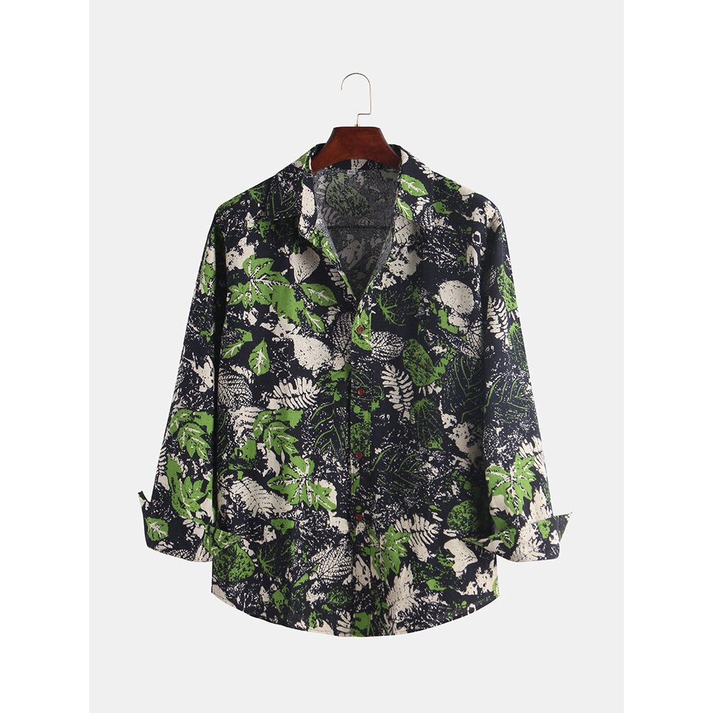 Mens Leaves Printing Long Sleeve Shirt - XL As Picture
