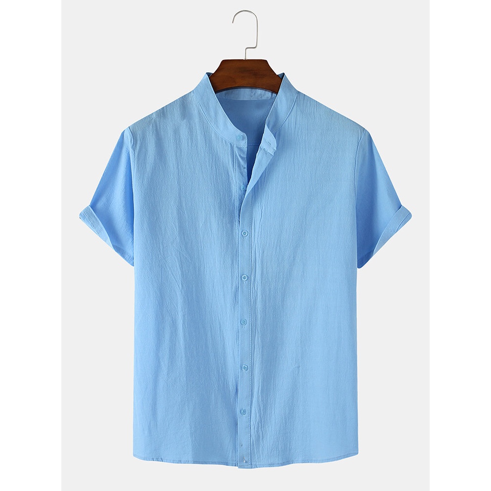 Mens Solid Color Cotton Linen Breathable Casual Short Sleeve Shirts - Light Blue 2XL