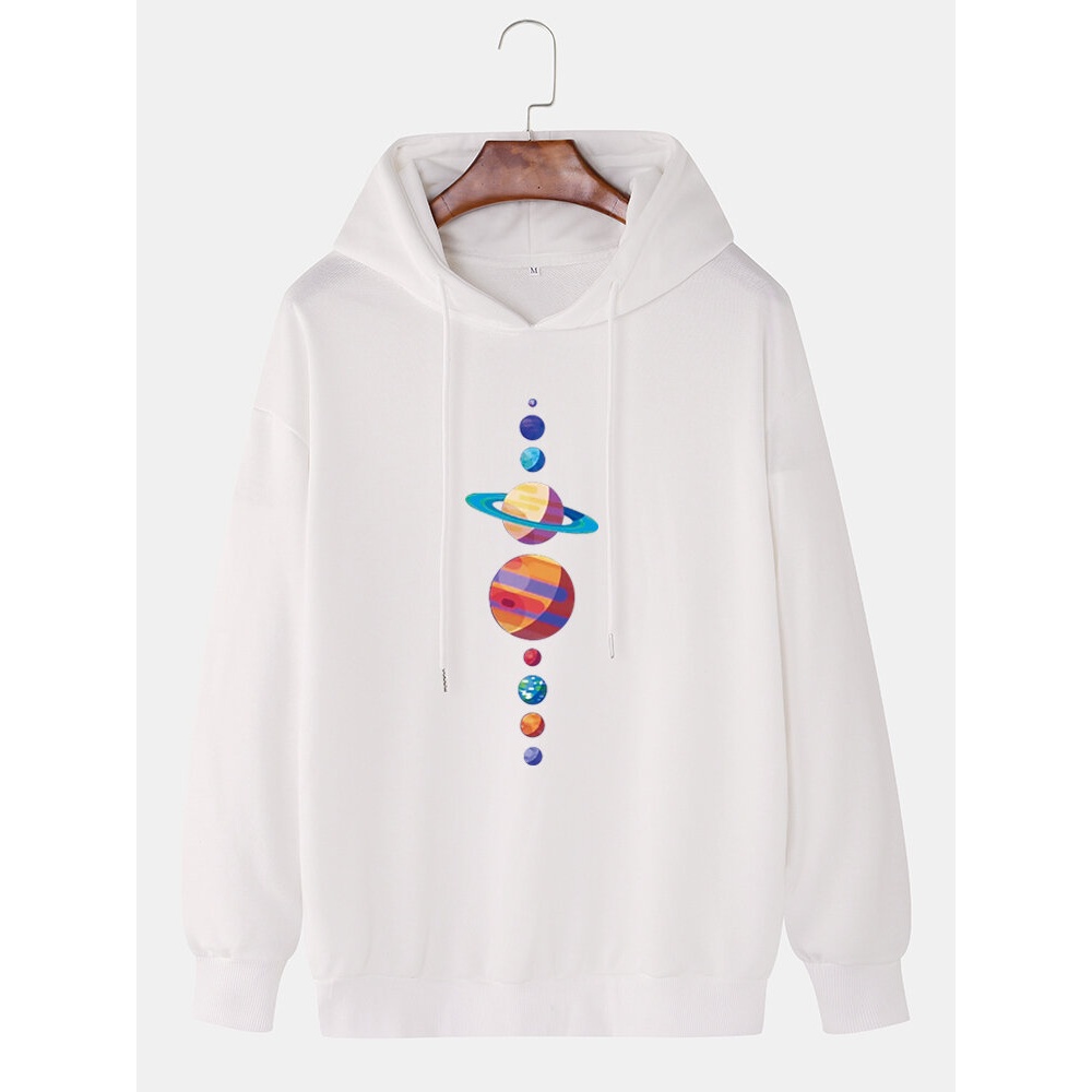 Mens Multi Planet Print Long Sleeve Drop Shoulder Drawstring Hoodies - Black M